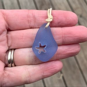 Carved Starfish Sea Glass Necklace cornflower Blue